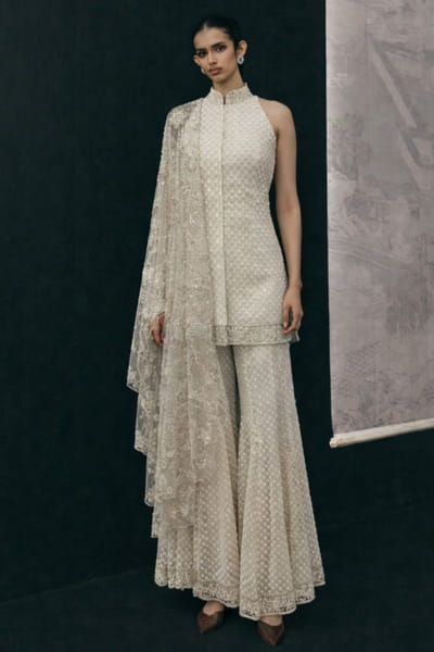 Ivory mirror embellished scallop dupatta