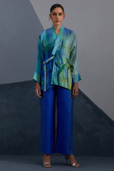 Clos Blue and teal abstract printed jacket set CLOSJUL26D249573