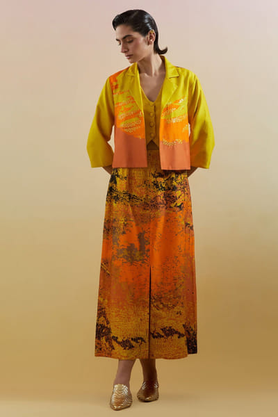 Clos Yellow orange abstract embellished jacket set CLOSJUL26D249572