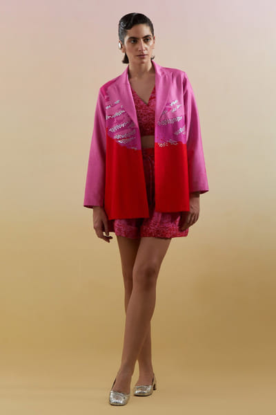 Clos Pink and red abstract embellished jacket set CLOSJUL26D249570