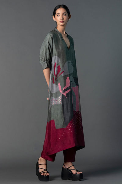 Dark grey and maroon floral print tunic set
