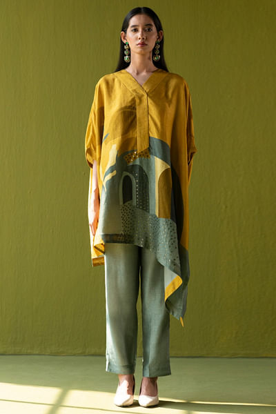 Green and yellow printed tunic set