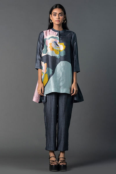 Dark grey printed tunic set