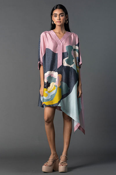 Grey and pink printed kaftan-style dress