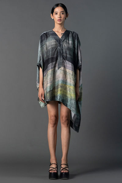 Deep grey printed short kaftan dress