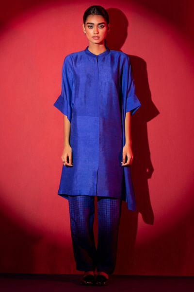 Deep blue dupion silk tunic set