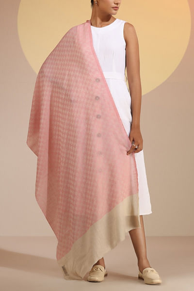 Ivory and red checkered cashmere wool stole