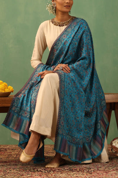 Dusala Blue paisley kani cashmere wool shawl DUSJAN25D12506