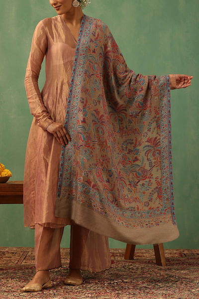 Beige floral kani cashmere wool stole