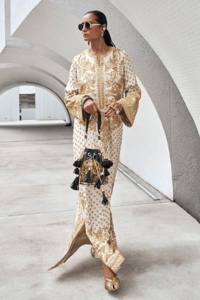 Ivory dori and sequin embroidered kaftan
