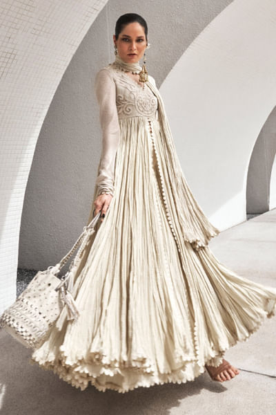 Taupe zari embroidered anarkali set