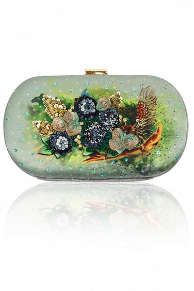 Hand-embroidered and applique grey clutch
