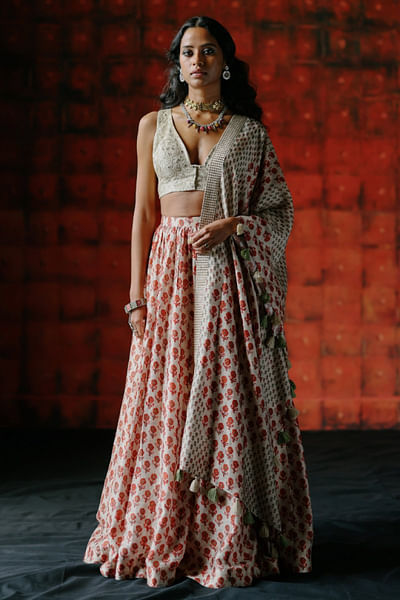 Pearl white floral printed lehenga set