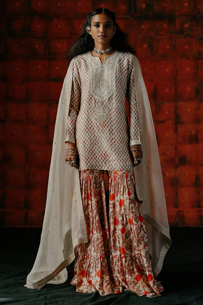 Pearl white floral printed sharara set