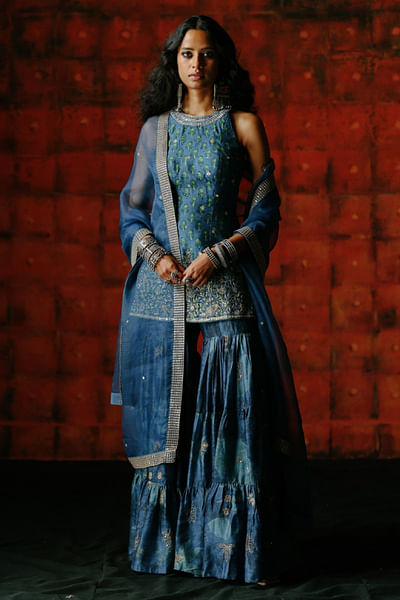 Indigo printed embroidered sharara set