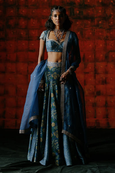 Indigo floral printed lehenga set