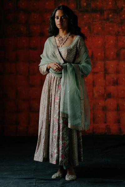 Mint floral printed anarkali set