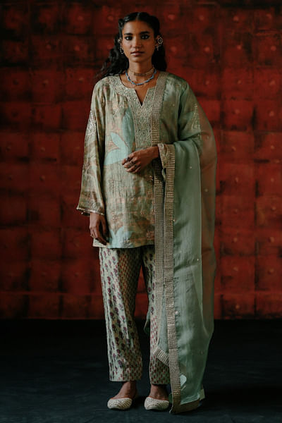 Mint leaf printed embroidered kurta set