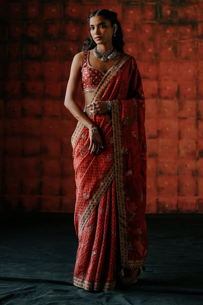 Brick red floral printed embroidered sari set
