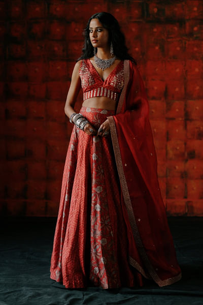 Brick red floral printed lehenga set