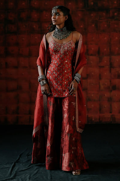 Brick red leaf printed embroidered sharara set