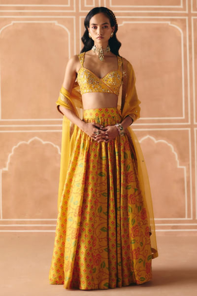 Marigold yellow print embroidered lehenga set