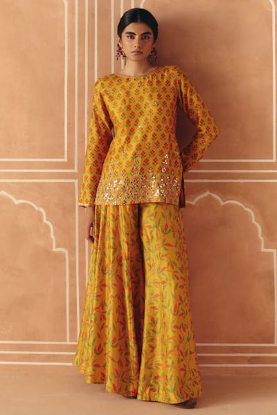Marigold yellow print embroidered kurta set