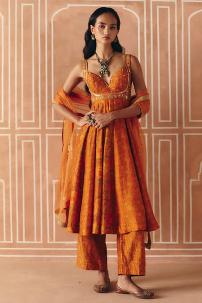 Burnt orange print embroidered anarkali set