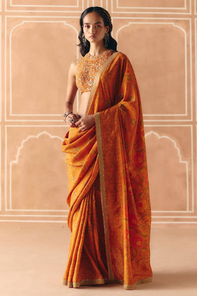Burnt orange print embroidered sari set
