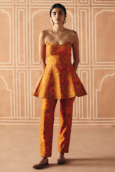 Drishti & Zahabia Burnt orange printed peplum co-ord set DRISEP25D132697