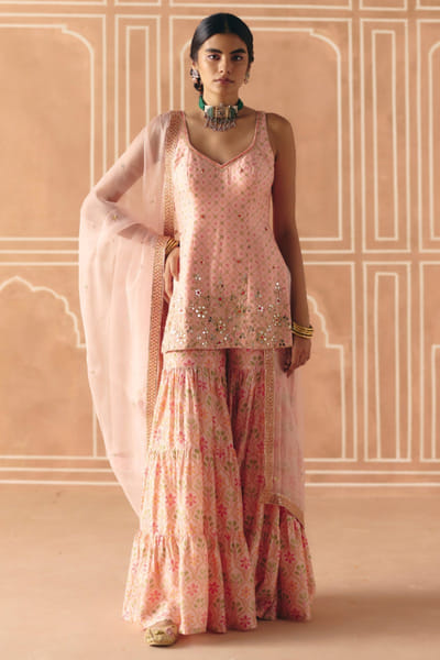 Blush pink print embroidered sharara set