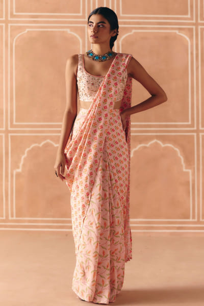 Blush pink printed pre-draped sari set