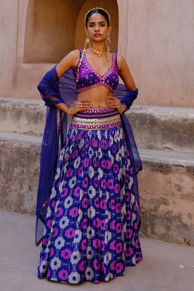Drishti & Zahabia Blue ikat print embroidered lehenga set DRISMAY26D144729