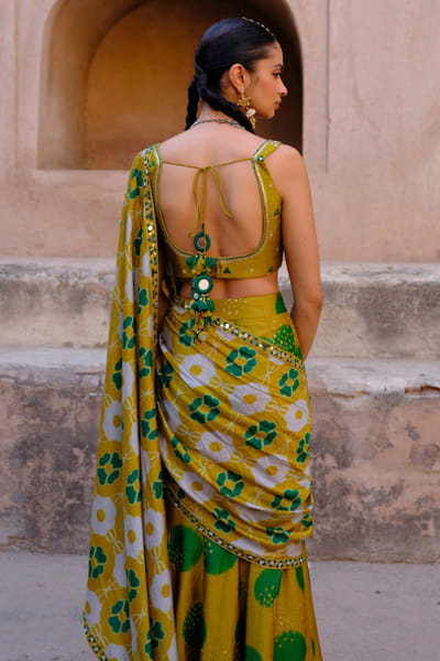 Drishti & Zahabia Green print embroidered pre drape sari set DRISMAY26D144737