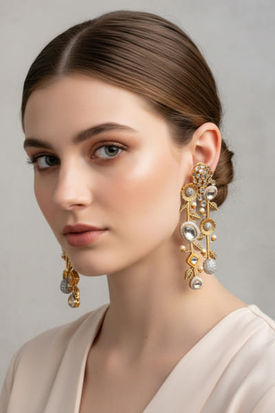 Gold and white embellished chandelier earrings