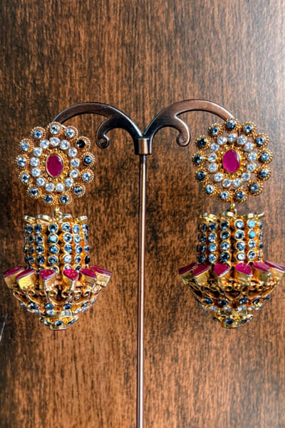 Gold and ruby gemstone jhumkas