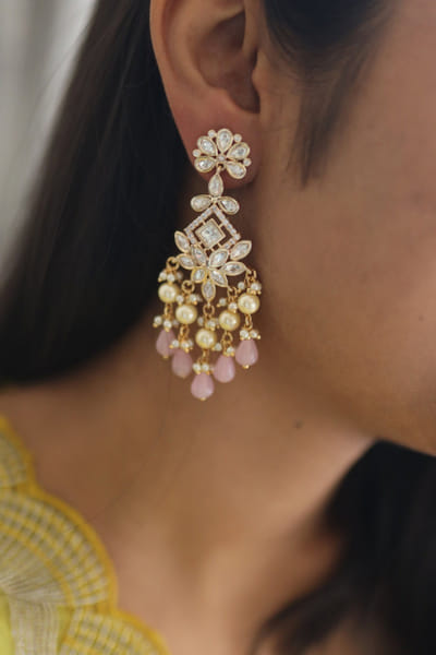 Gold and pink kundan danglers