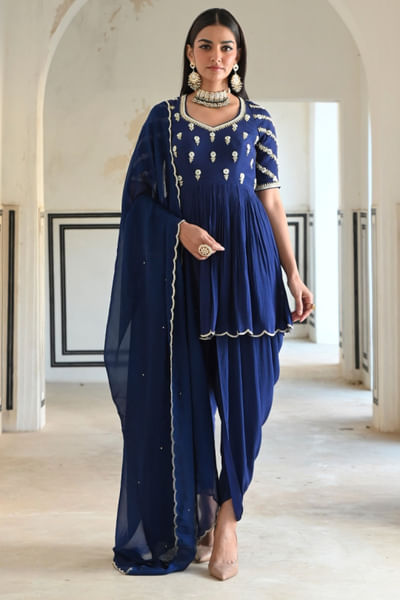 Royal blue embroidered peplum kurta set