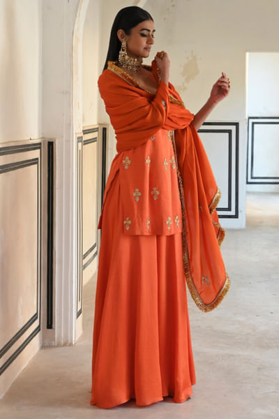 Orange floral embroidered kurta set