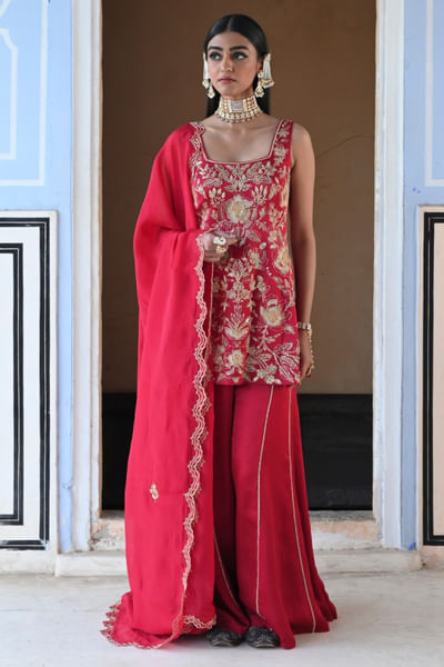 Red embroidered kurta sharara set