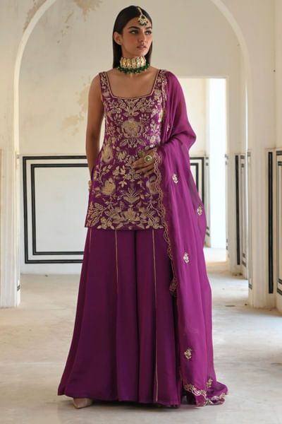 Purple embroidered kurta sharara set