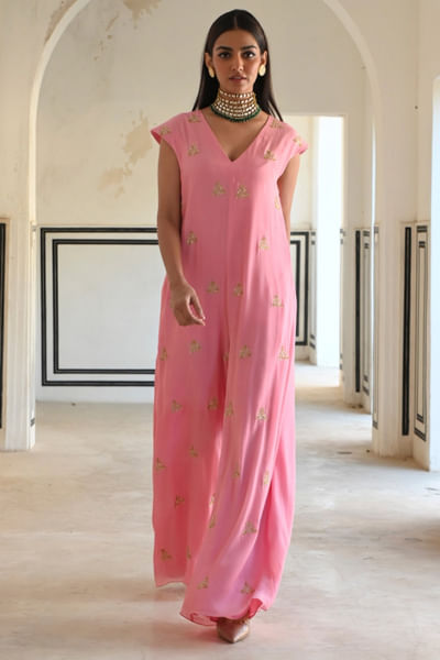 Baby pink floral embroidered jumpsuit