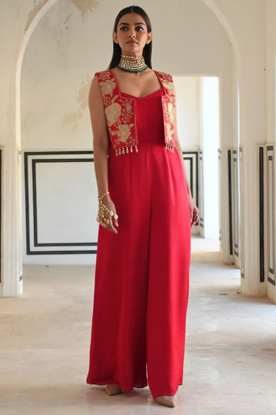 Red embroidered jumpsuit