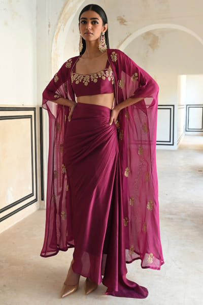 Magenta draped skirt set