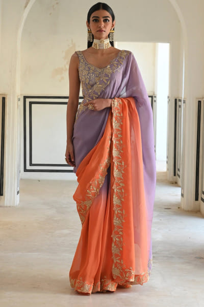 Lilac and orange ombre sari set
