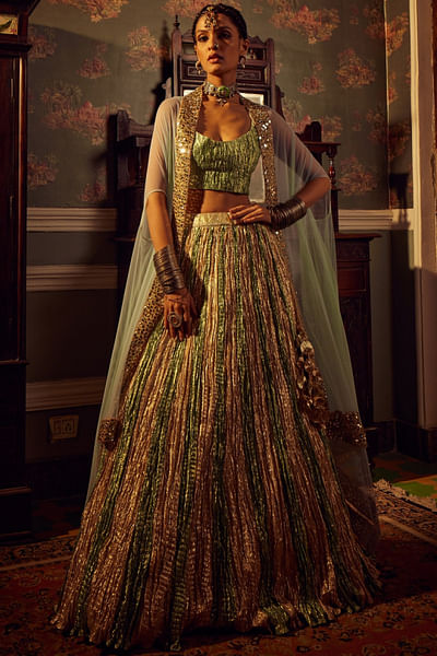 Sea green and rose texture lehenga cape set