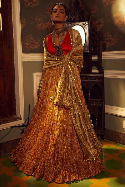 Metallic red and gold textured lehenga set