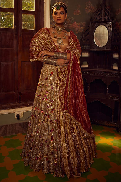 Metallic rust and gold textured lehenga set