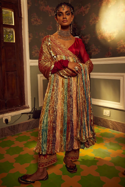 Multicolour metallic angrakha anarkali set