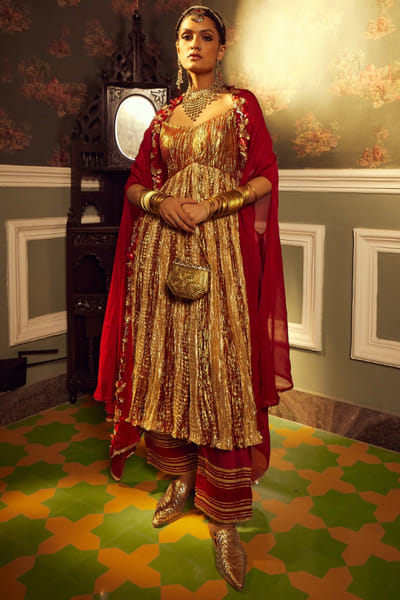 Metallic textured anarkali and cape set